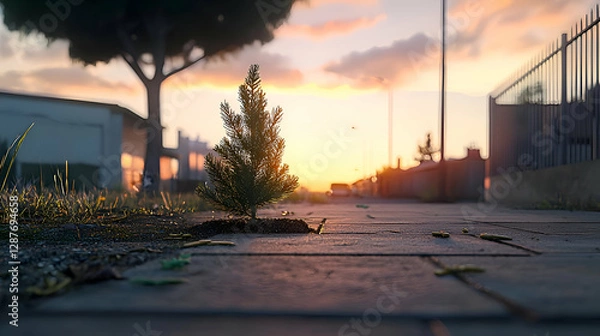 Fototapeta Small Tree Growing on City Sidewalk at Sunset