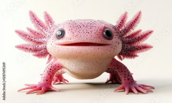 Fototapeta Pink axolotl smiles on plain background, ideal for educational content