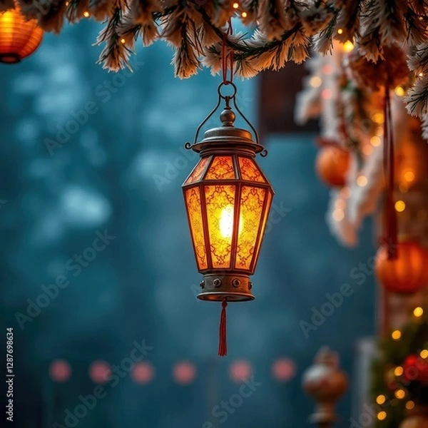 Fototapeta A glowing lantern hanging from a festive garland, festive, misty, decorations