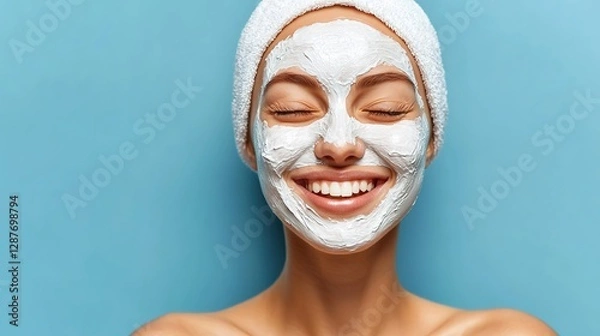 Fototapeta Woman Smiling with Facial Mask on Blue Background Displaying Relaxation