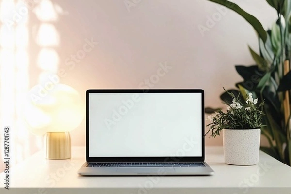 Fototapeta Blank laptop screen on white table with soft lighting in room