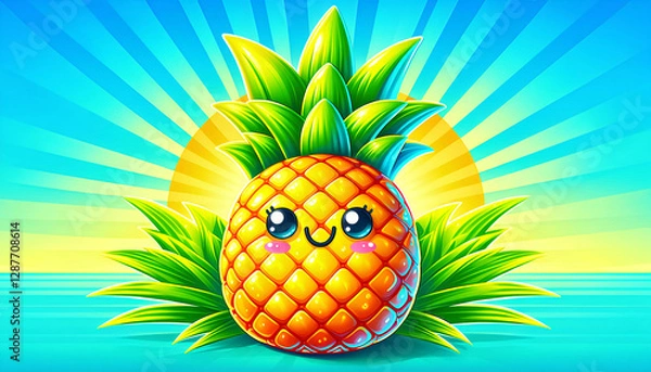 Obraz Cute cartoon pineapple surrounded by bright background with sun rays on the sea. Fun illustration design for summer holidays concept.