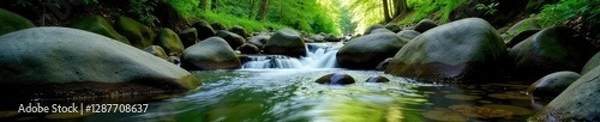 Fototapeta River water flowing over smooth rounded rocks in the forest,, woodland stream