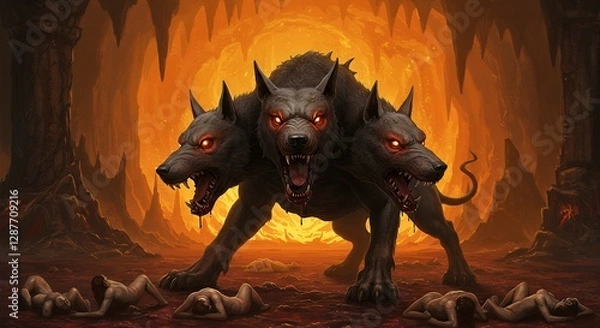 Fototapeta Three headed dog guards a cavern with human bodies