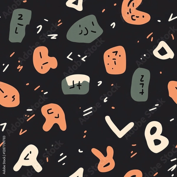 Obraz Abstract shapes scattered on black backdrop, creating seamless, textured pattern. Seamless pattern. Repeat pattern