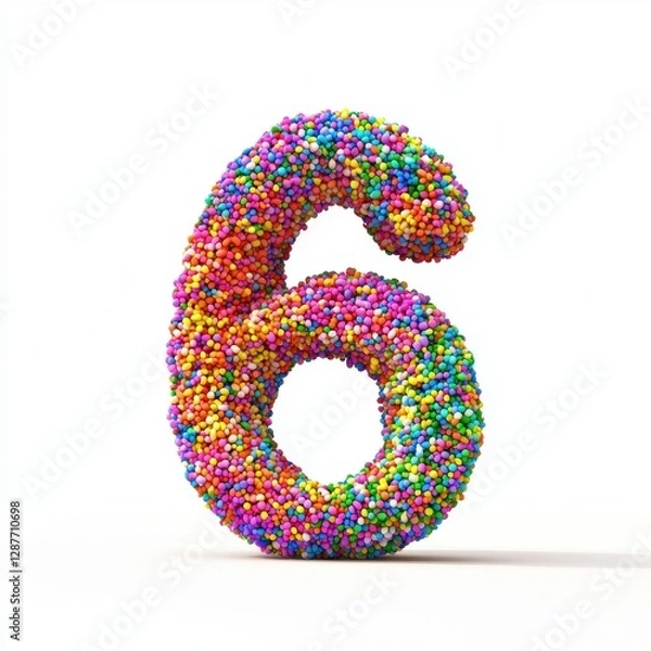 Fototapeta Of the number 6 made of colorful candy sprinkles tightly packed in a vibrant rainbow pattern, isolated on a clean white background