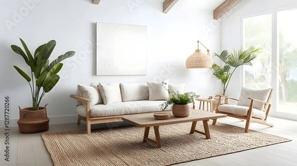 Fototapeta Bright and airy farmhouse inspired living space featuring whitewashed wood beams  a plush linen couch and armchair  a vintage inspired coffee table  a woven area rug  and potted greenery for a cozy