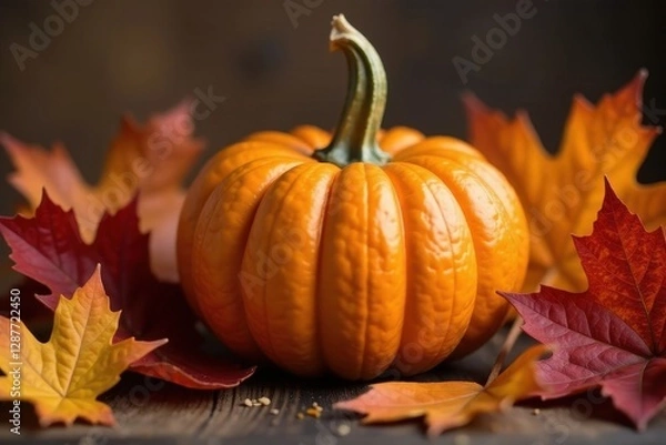 Fototapeta A vibrant autumn still life featuring a small pumpkin nestled amongst colorful fallen leaves on a rustic wooden surface.