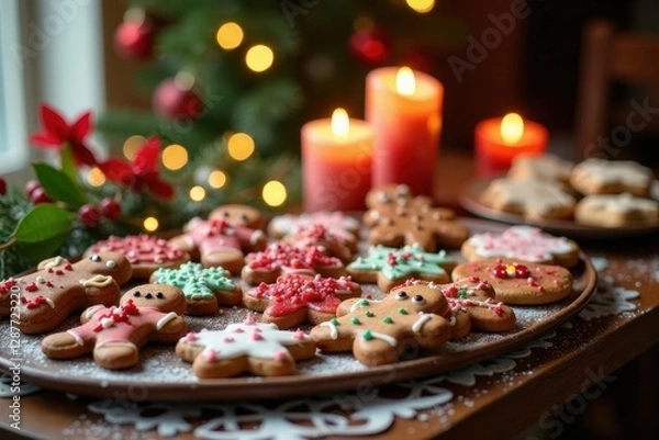 Obraz A Festive Array of Decorated Gingerbread Cookies on a Wooden Table with a Blurred Christmas Tree and Candles in the Background