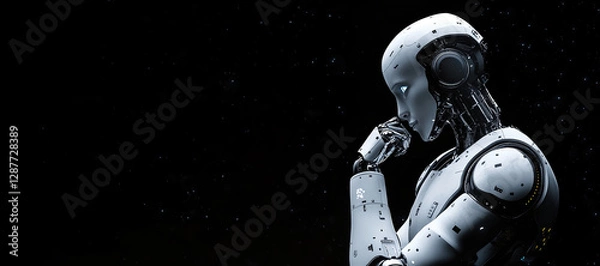 Fototapeta White AI Robot Thinking with its Hand on its Chin isolated over a Stars Background with Copy Space 