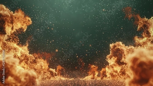 Fototapeta Controlled propane fire blast with vivid details, green screen for compositing