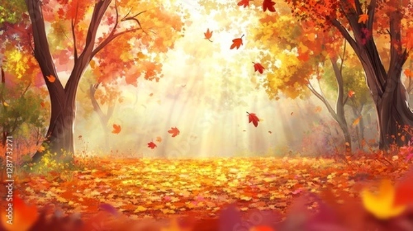 Obraz Autumn forest scene, sun rays through trees, colorful leaves, peaceful nature, digital art, wallpaper