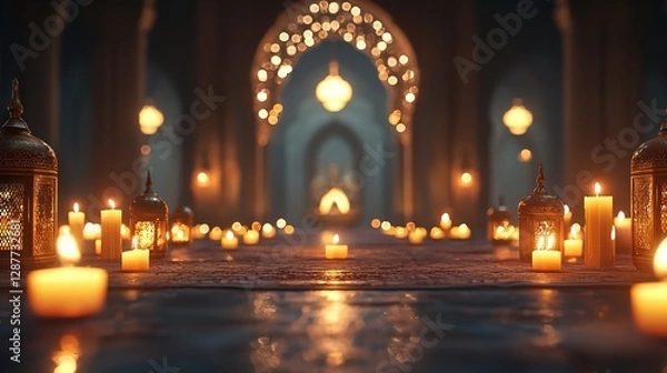 Fototapeta Golden Candlelight in a Tranquil Arabian Palace with Warm Ambiance

