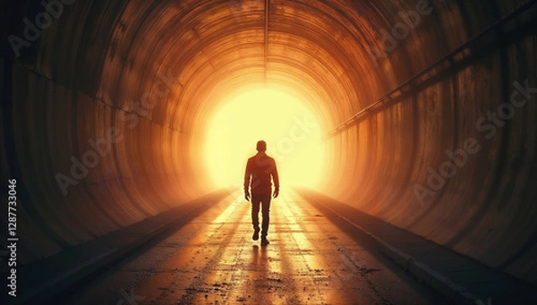Fototapeta Silhouette of a person walking towards a bright light through a tunel symbolizing hope, journey, and the unknown future