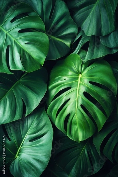 Fototapeta Lush monstera foliage a vibrant tapestry of green a close up perspective revealing intricate leaf details and natural light