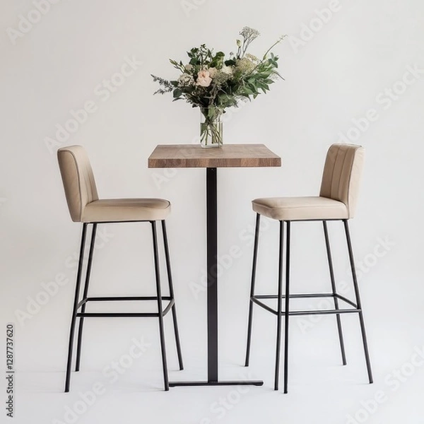 Fototapeta A high bar table with two tall chairs, a simple and elegant style, black metal legs, a light wood top, beige leather seat cushions on the chair backrests