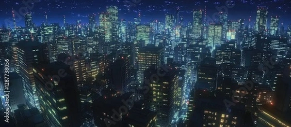 Obraz A wide-angle shot of an extremely tall city skyline at night, with neon lights and skyscrapers featuring numerous buildings