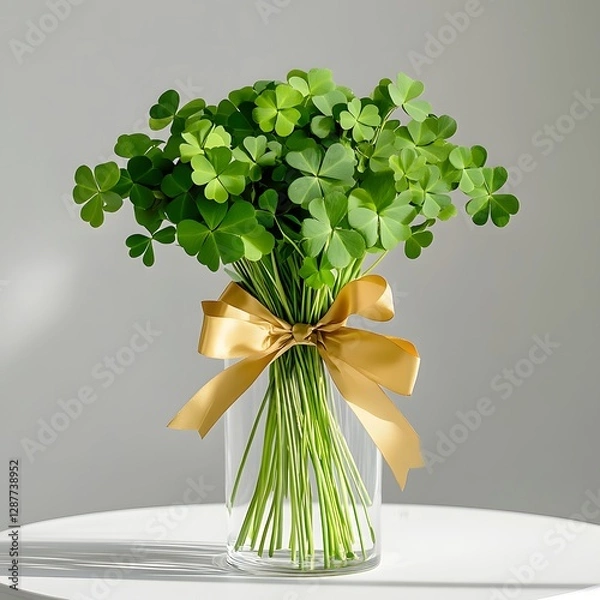 Fototapeta St. Patrick's Day clover bouquet tied with a gold ribbon, displayed in a glass vase on a simple white table.