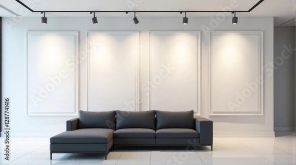 Fototapeta A modern art gallery interior with a minimalist design featuring large, blank, framed canvases on the walls, arranged in a row. The room is well-lit with a grey sofa and white tiled floor.