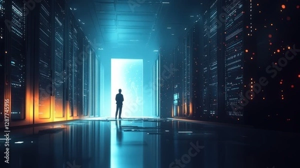 Fototapeta Mysterious Figure in Data Center with Glowing Lights and Shadows