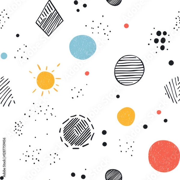 Fototapeta Colorful shapes and spots in playful pattern, seamless design on plain white backdrop
