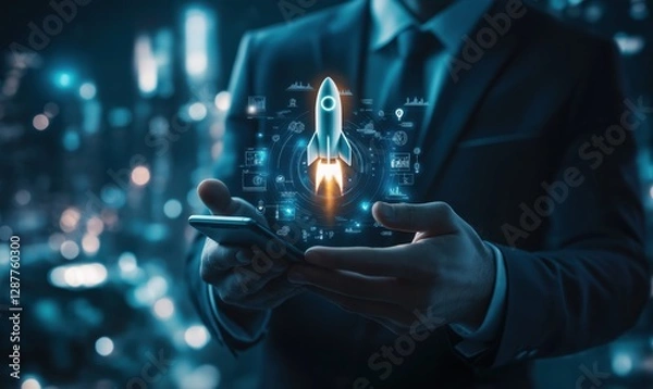 Fototapeta Conceptual image of a businessman holding a smartphone with a futuristic rocket hologram launching, symbolizing startup innovation and digital entrepreneurship.
