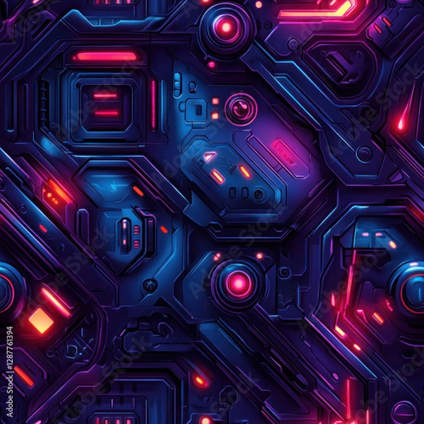 Fototapeta Complex futuristic metal surface with glowing lights and intricate details in a seamless background