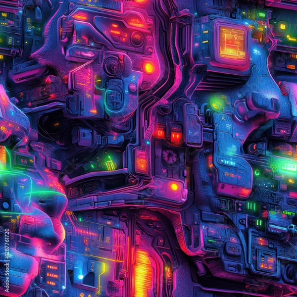 Fototapeta Complex vibrant machine panel, circuits glowing in abstract colorful futuristic tech background