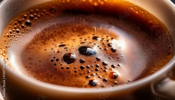 Fototapeta Ultra-close-up of espresso crema bubbling in a coffee cup, capturing the detailed foam texture and warm light reflecting off the rich, aromatic crema.