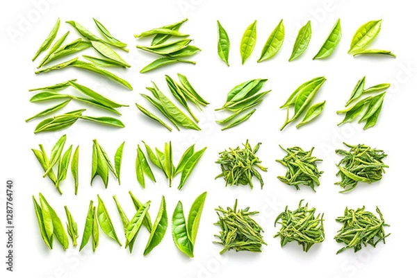 Fototapeta Set of  Green Tea Leaves isolated on white background, Nature’s Finest Selection for Wellness & Refreshment 