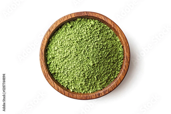 Obraz Top View of Fresh Green Tea Powder in wooden bowl on White Background, food and healthy concept, Generative AI Illustration