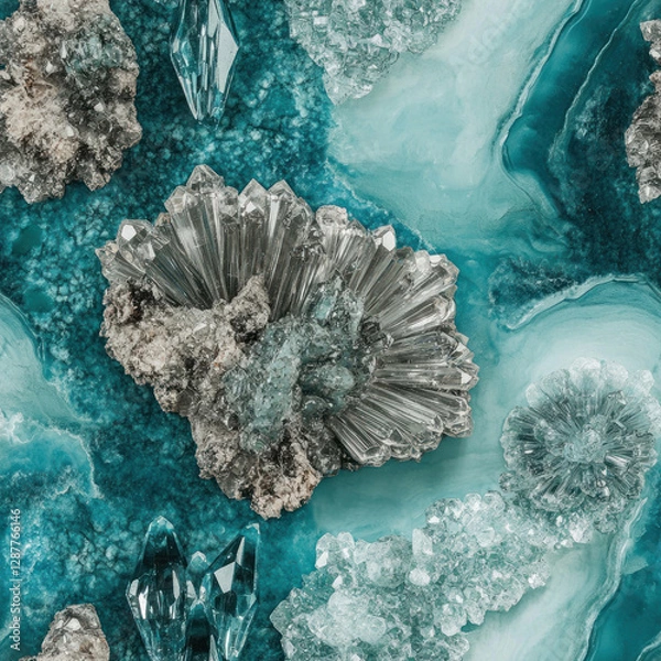 Fototapeta Crystal clusters resting on a blue, polished mineral surface, creating a textured, gem-like background