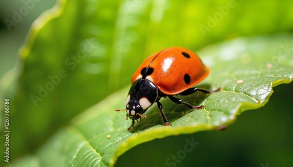Fototapeta A vibrant ladybug resting on a green leaf symbolizes renewal, vitality, and the balance of nature during the Spring Equinox.