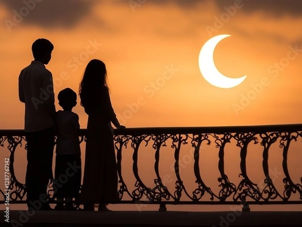 Fototapeta Silhouette of a family watching the crescent moon rise from a balcony during Eid celebrations at sunset. Generative AI
