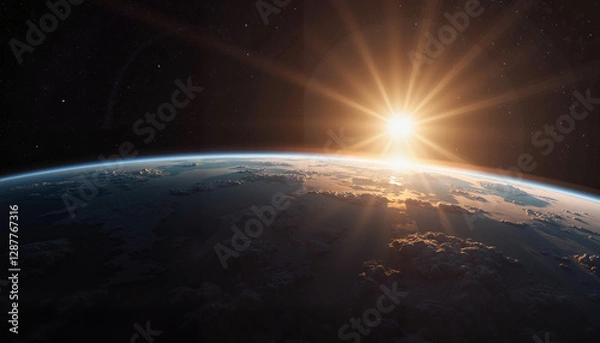 Obraz A view of the sun illuminating Earth from space captures the cosmic balance and renewal celebrated during the Spring Equinox.