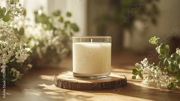 Obraz White Candle on Wooden Base with White Flowers and Greenery