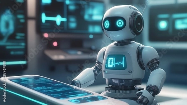 Fototapeta robot used for remote medical consultations, providing diagnostics and prescriptions through telemedicine platforms.