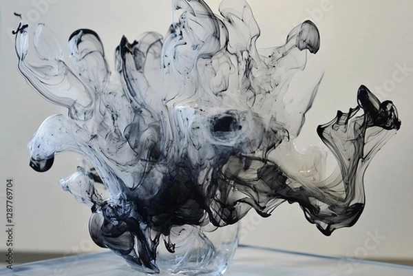 Fototapeta Elegant black smoke swirls create dynamic abstract patterns on a white background