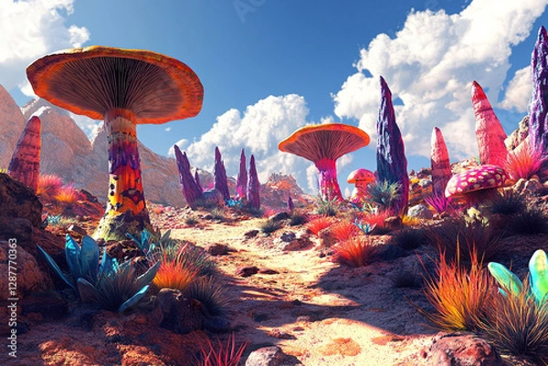 Fototapeta Vibrant desert landscape featuring giant mushrooms and colorful plants under a bright blue sky