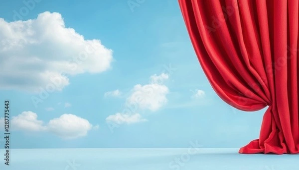 Fototapeta Kid's puppet theater show. Red curtains partially drawn against a bright blue sky with fluffy white clouds, creating a dramatic and inviting atmosphere.