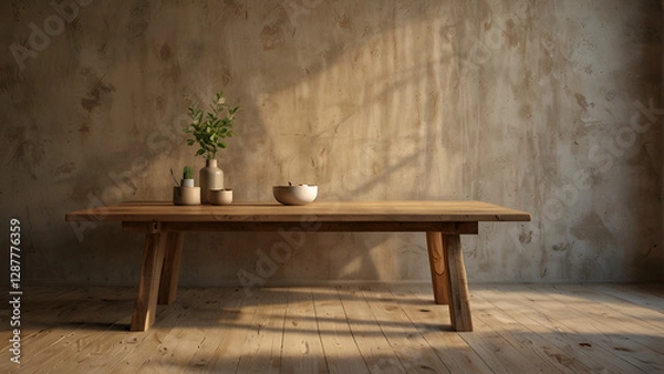 Obraz Mockup of a wooden table with window shadow on the wall and stucco background in beige and earthy hues