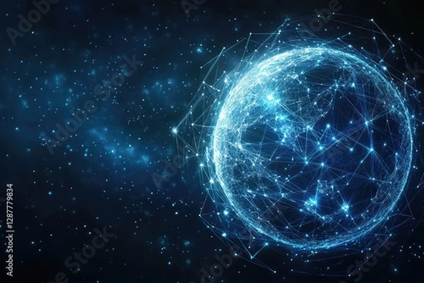 Fototapeta A futuristic concept showing a globe wrapped in interconnected digital nodes, symbolizing online networking.