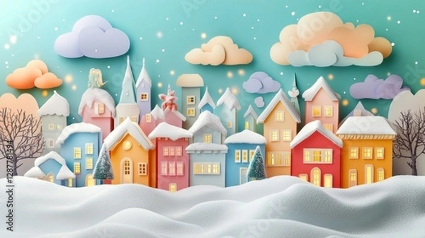 Fototapeta Colorful Winter Paper City with Snow and Festive Decorations