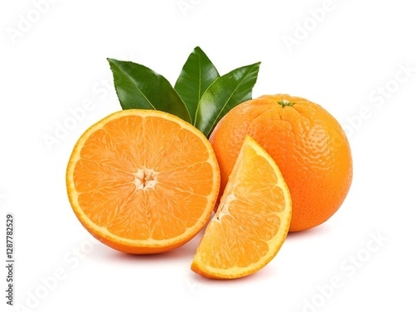 Obraz Orange fruit sliced with leaves isolated on white background