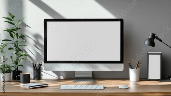 Fototapeta Modern Minimalist Workspace with Blank Computer Screen