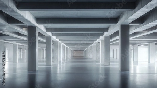 Fototapeta parking garage, with rows of concrete supports and floors being added. Highlight the repetitive nature of the design and the scale of the building