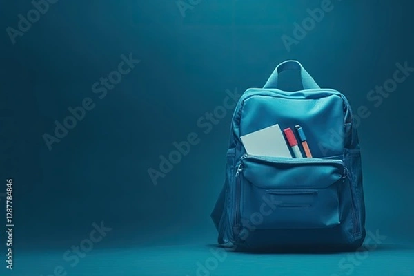 Fototapeta Premium Quality Image of Blue School Backpack with Essential Supplies