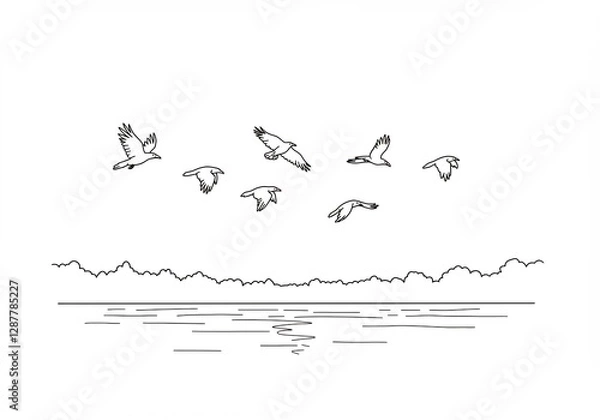 Fototapeta Birds gracefully soar above tranquil lake scene. AI Generated