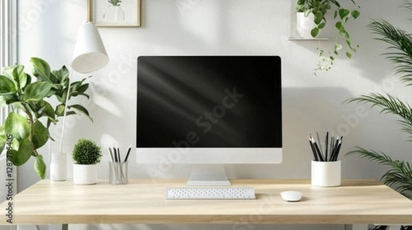 Fototapeta Modern Minimalist Home Workspace with Plants and Sunlight