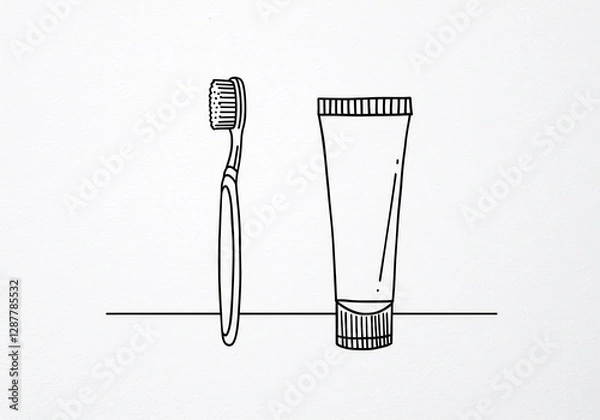 Fototapeta Simple Line Drawing Toothbrush Toothpaste. AI Generated